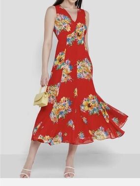 Ralph Lauren Red Floral V-Neck Midi Dress